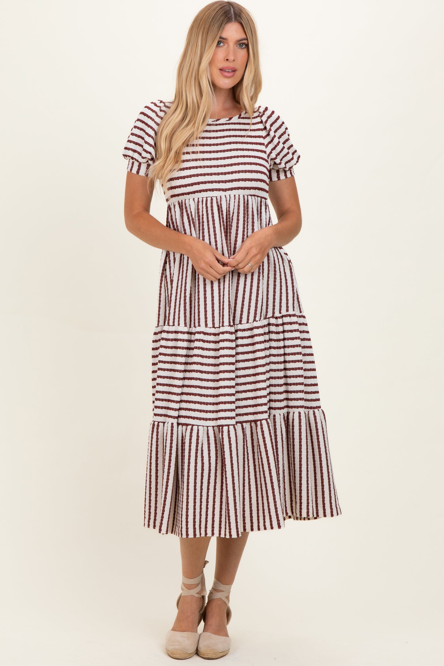 Cream/ Burgundy Striped Short Sleeve Tiered Maternity Maxi Dress