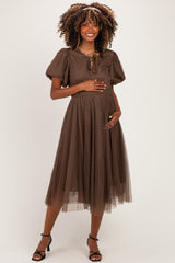 Mocha Polka Dot Tulle Maternity Midi Dress