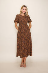 Clay Floral Smocked Puff Sleeve Maternity Dress
