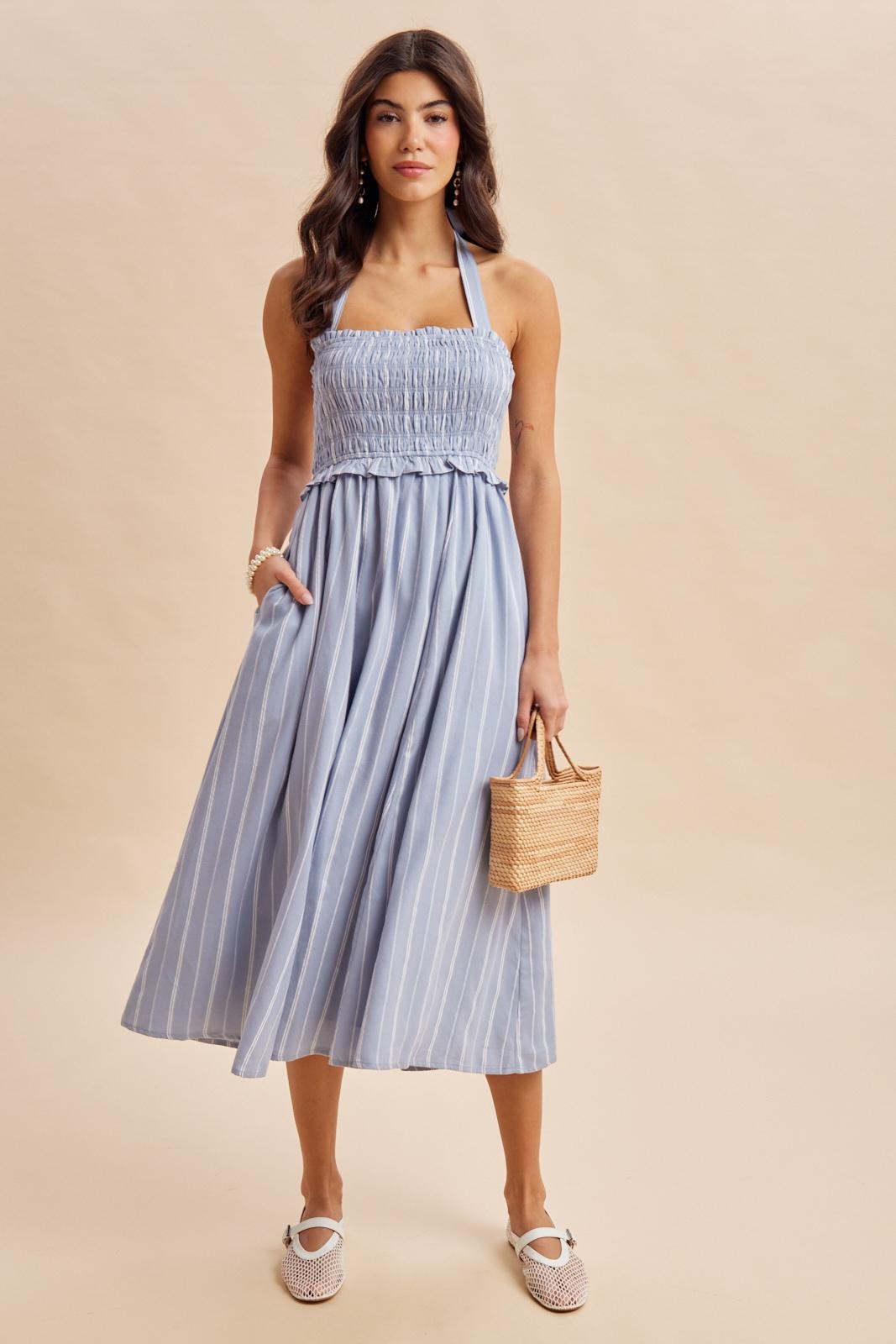 Blue Striped Smocked Halter Maternity Midi Dress