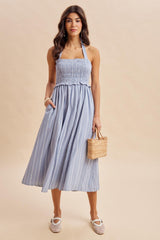 Blue Striped Smocked Halter Maternity Midi Dress