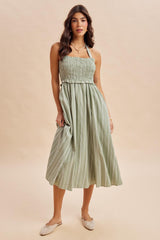 Eucalyptus Striped Smocked Halter Maternity Midi Dress
