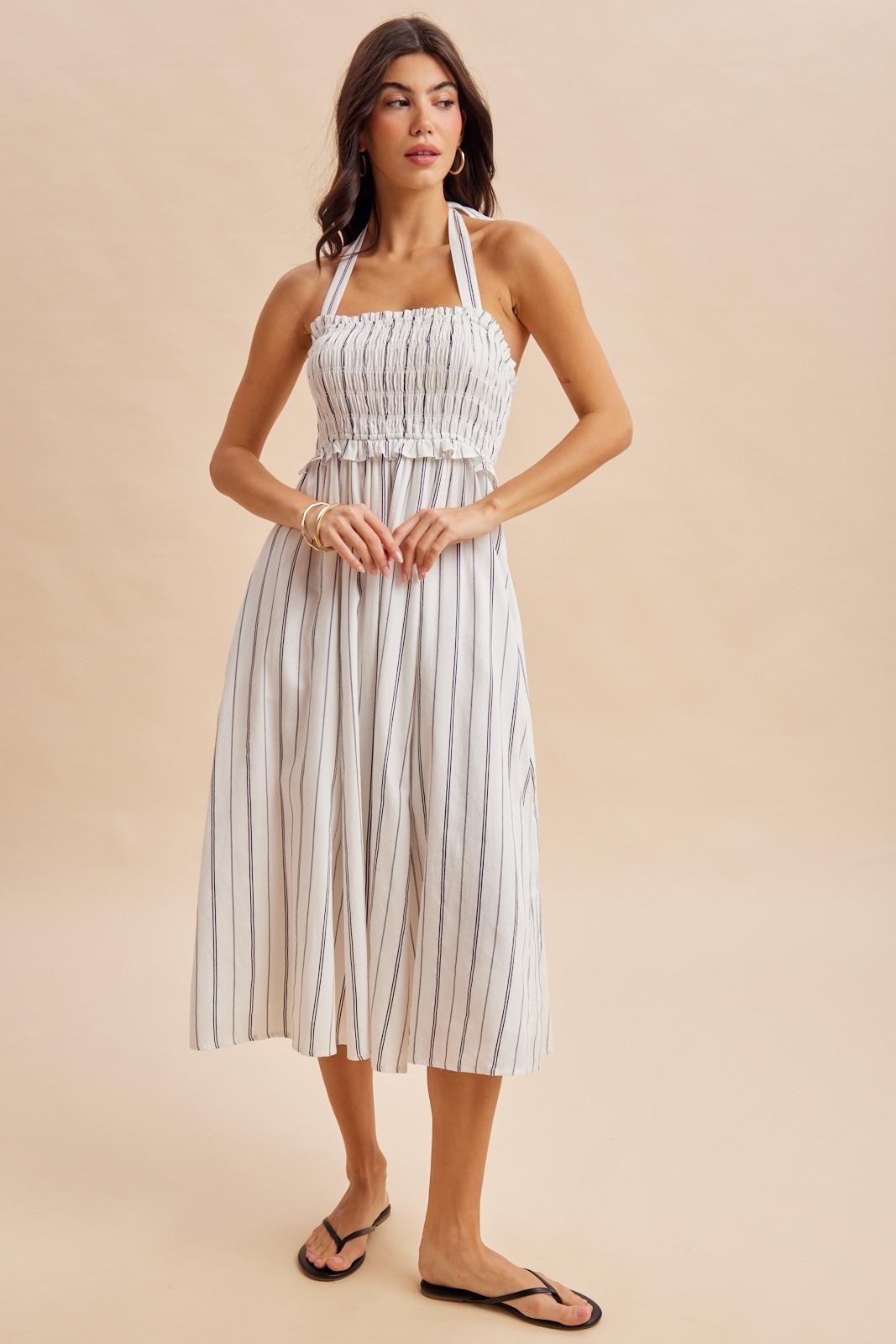 Off White Striped Smocked Halter Maternity Midi Dress