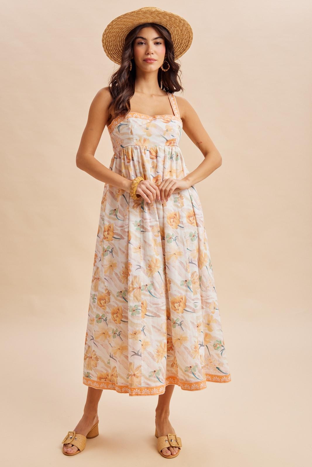 woman wearing a floral print maxi dress with adjustable straps and a tiered skirt, styled with a straw hat and sandals
