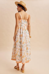 woman wearing a floral maxi dress with a fitted bodice and flowy skirt, styled with a straw hat and sandals