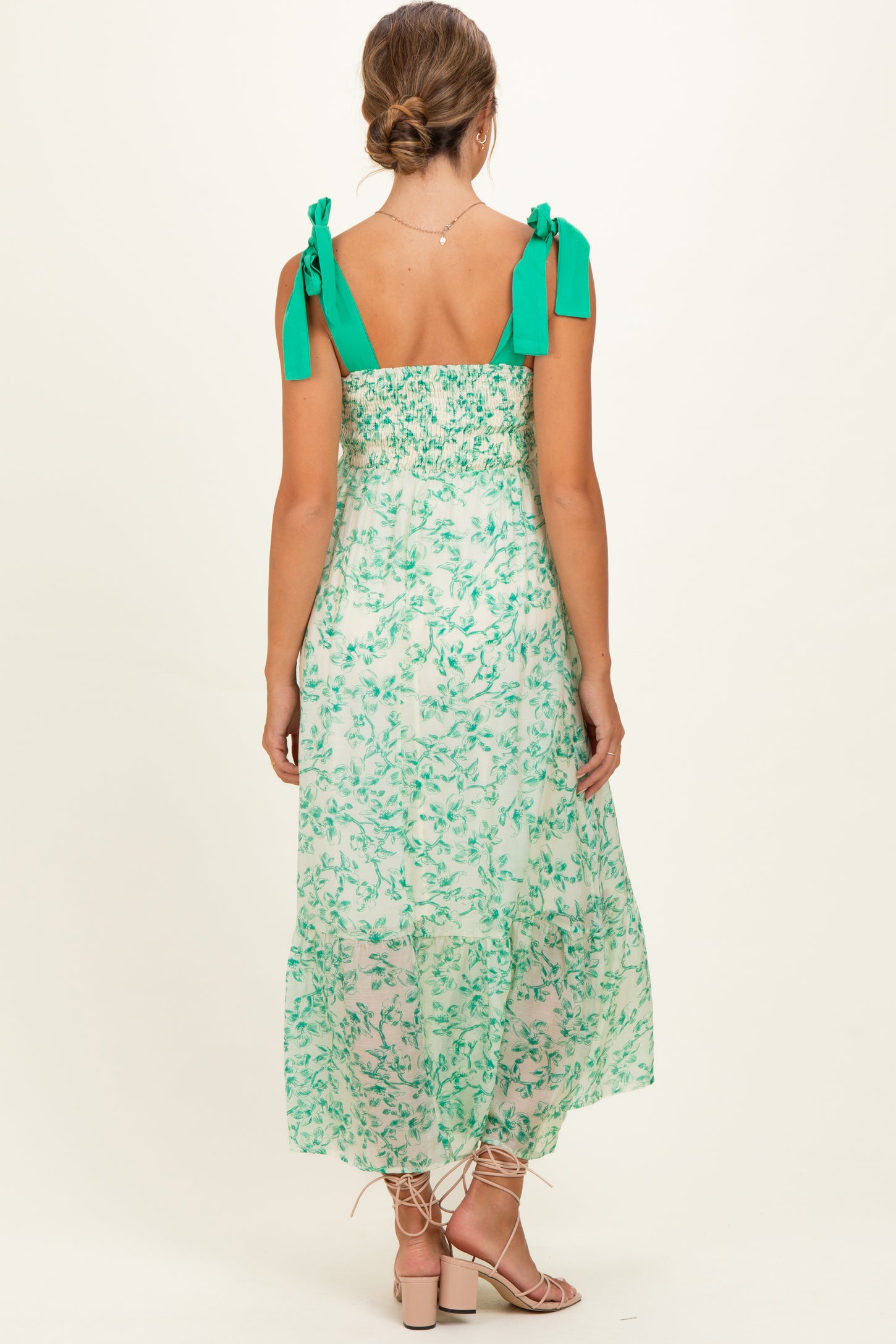 Green Floral Shoulder Bow Maternity Maxi Dress