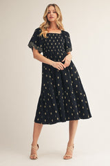 Black Smocked Embroidered Maternity Midi Dress