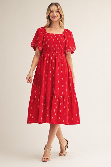 Red Smocked Embroidered Midi Dress