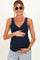 woman wearing a navy blue maternity tank top with lace trim and holding her baby bump