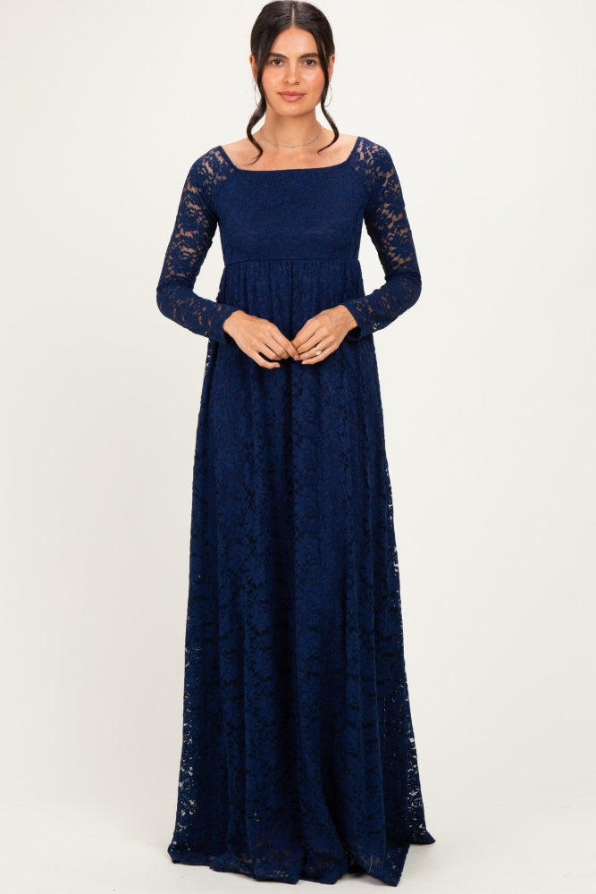 Navy Floral Lace Long Sleeve Off Shoulder Maternity Maxi Dress