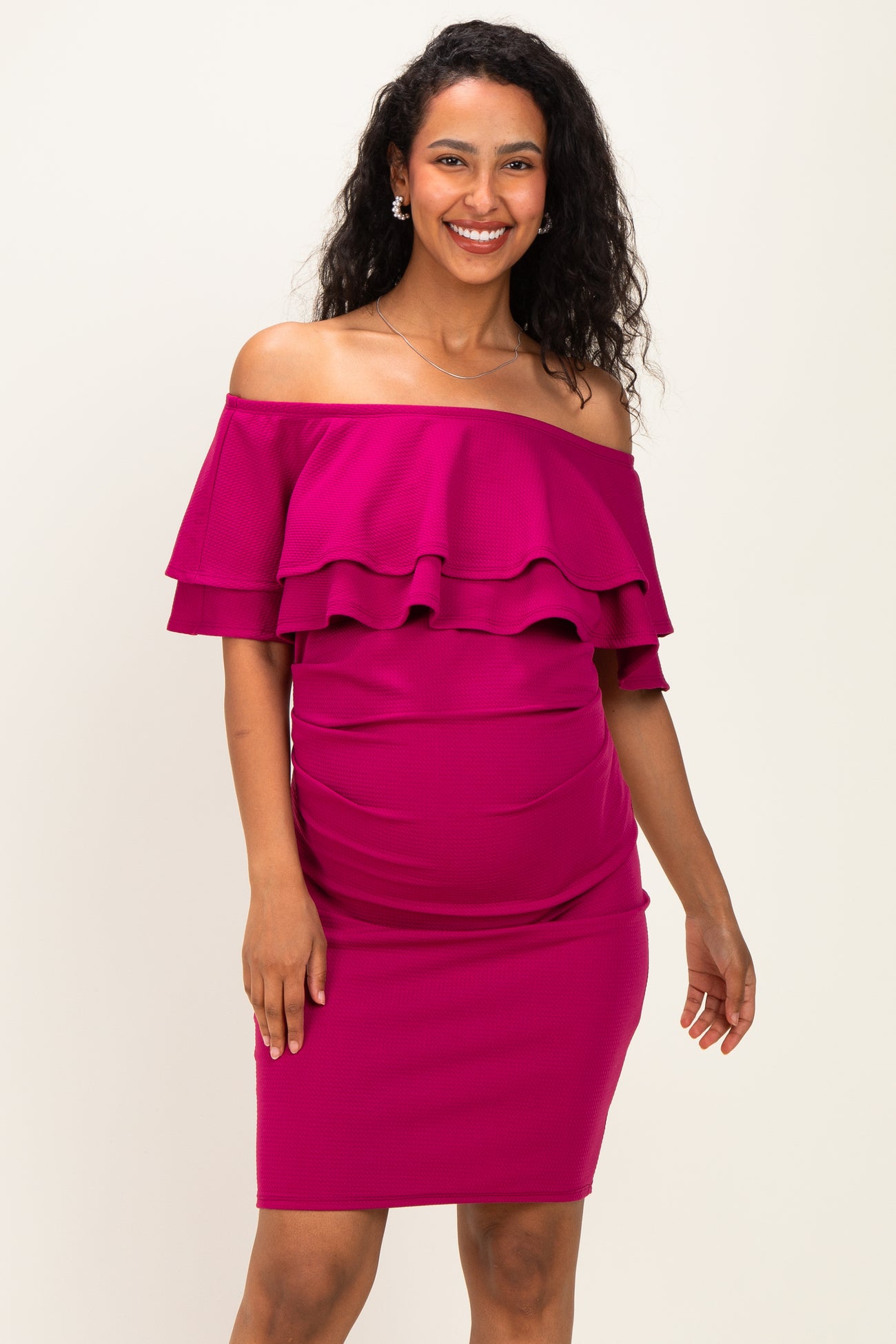 Magenta Off Shoulder Ruched Maternity Dress
