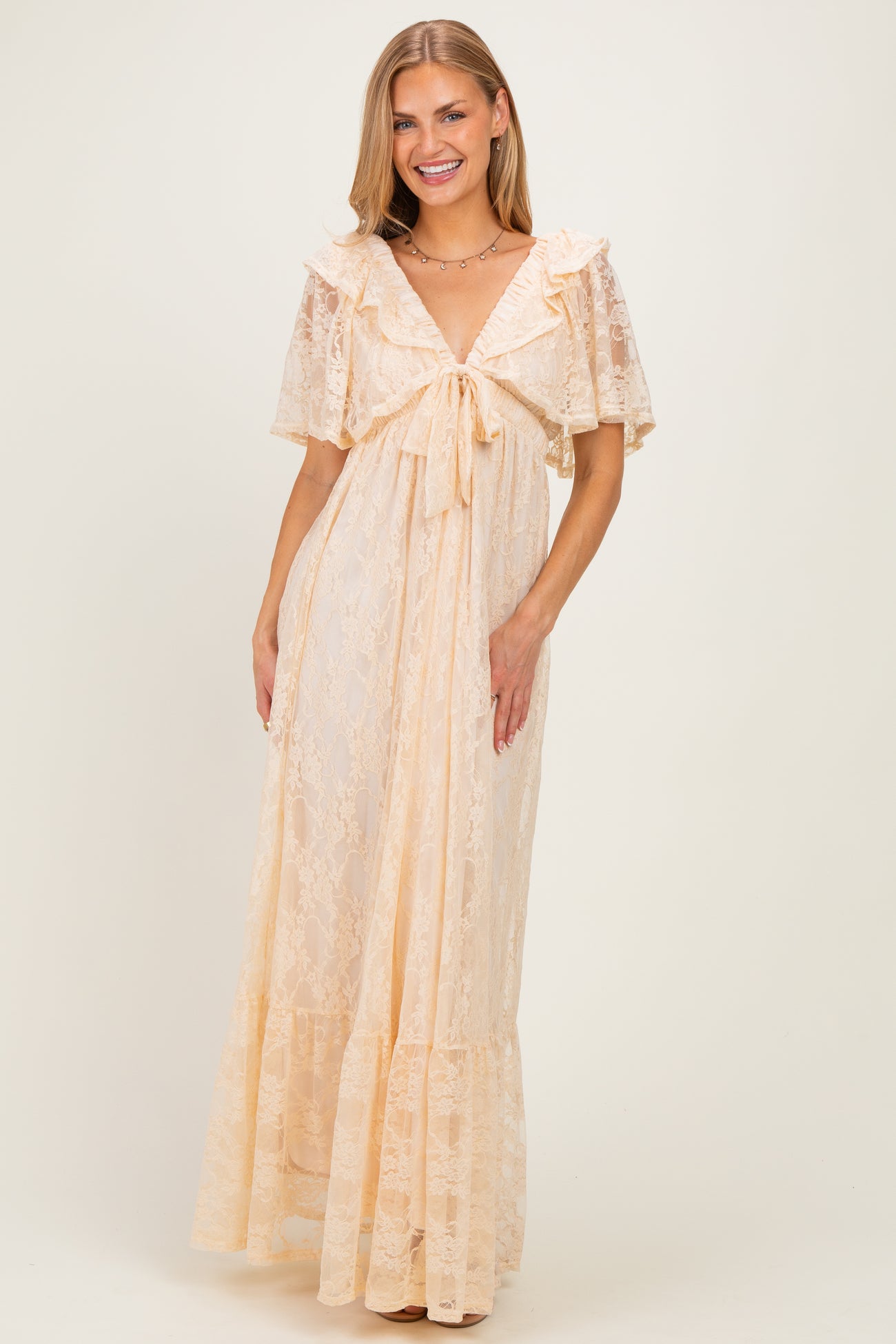 Beige Lace Flutter Sleeve Tiered Maternity Maxi Dress