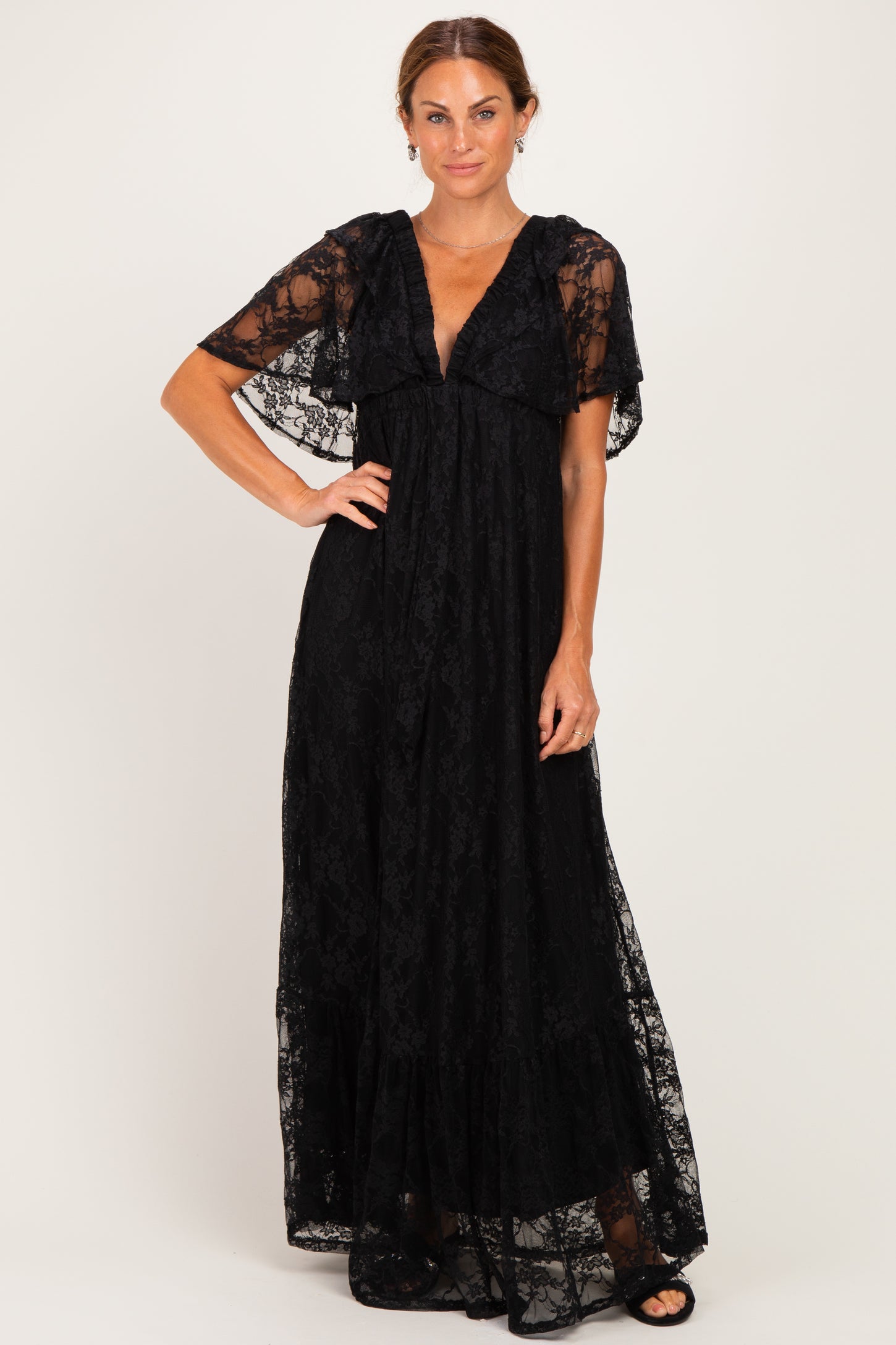 Black Lace Flutter Sleeve Tiered Maxi Dress