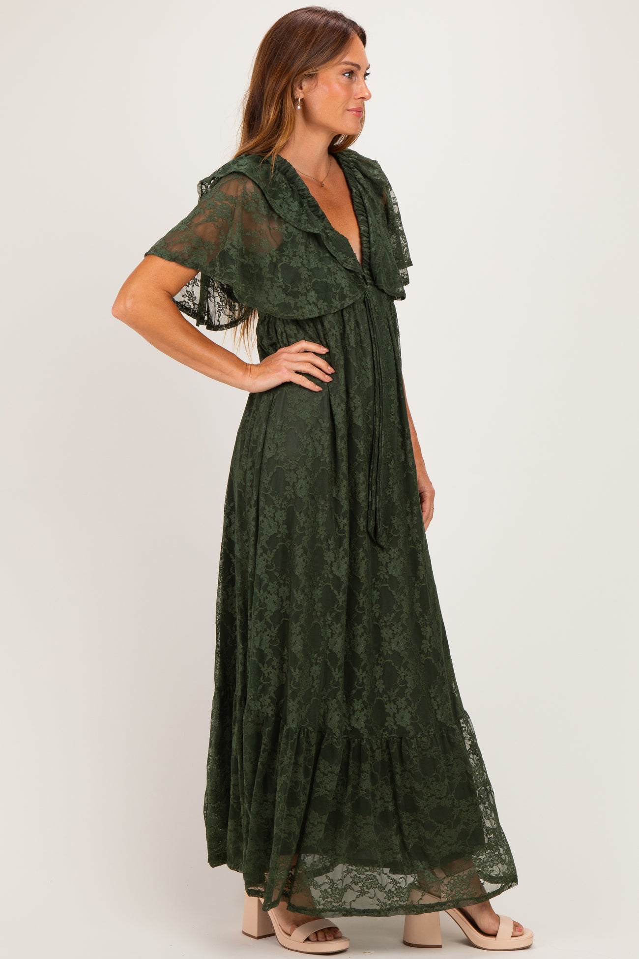 Olive Lace Flutter Sleeve Tiered Maxi Dress