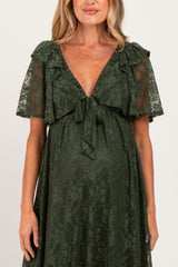Olive Lace Flutter Sleeve Tiered Maternity Maxi Dress