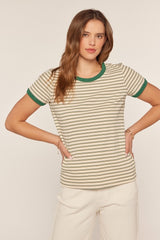 Green Striped Ribbed Knit T-Shirt