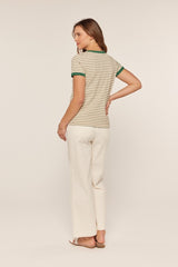 Green Striped Ribbed Knit T-Shirt