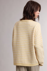 woman wearing a relaxed fit yellow striped sweater with long sleeves and a soft texture, viewed from the back