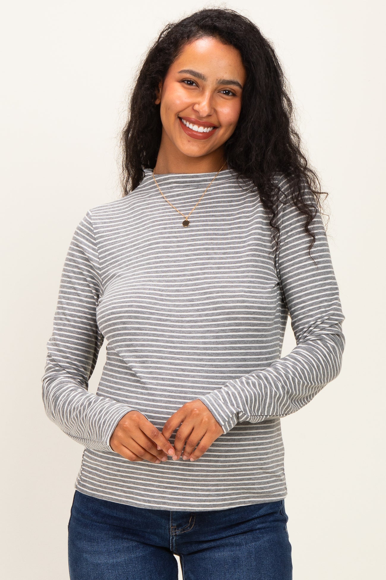 Heather Grey Striped Rolled Neck Maternity Top
