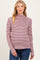 woman wearing a maroon and pink striped long sleeve maternity top with a high neckline and fitted style