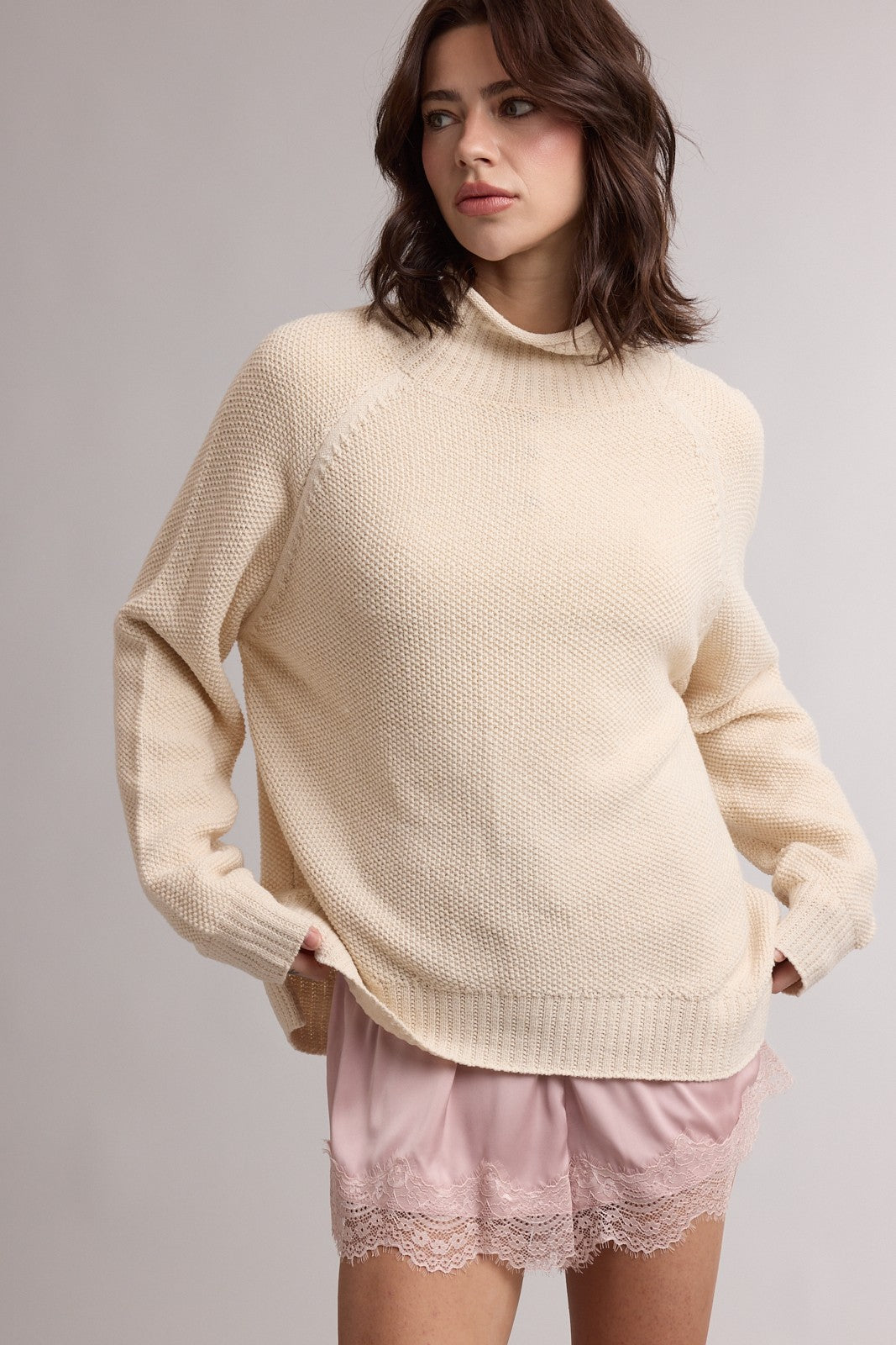 Natural Waffle Knit Turtleneck Maternity Sweater