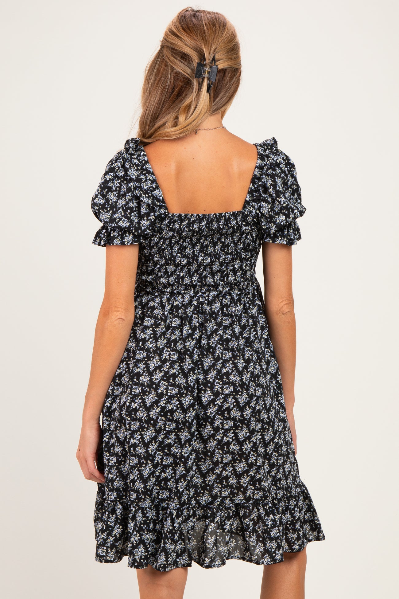 Black Floral Smocked Puff Sleeve Maternity Dress