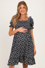 Black Floral Smocked Puff Sleeve Maternity Dress