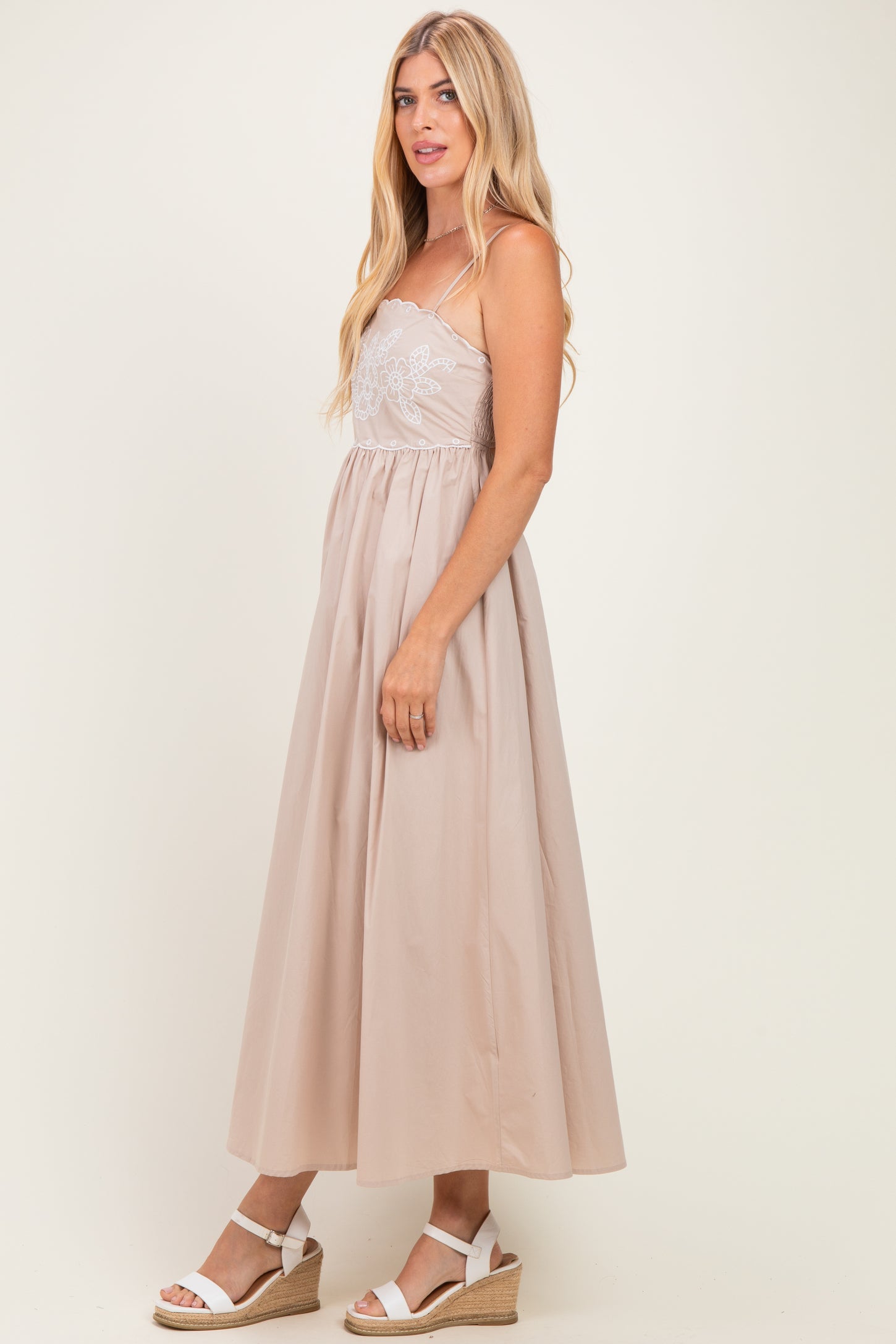 Beige Floral Embroidered Back Cut Out Maxi Dress