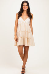 Beige Lace Accent Tiered Maternity Mini Dress