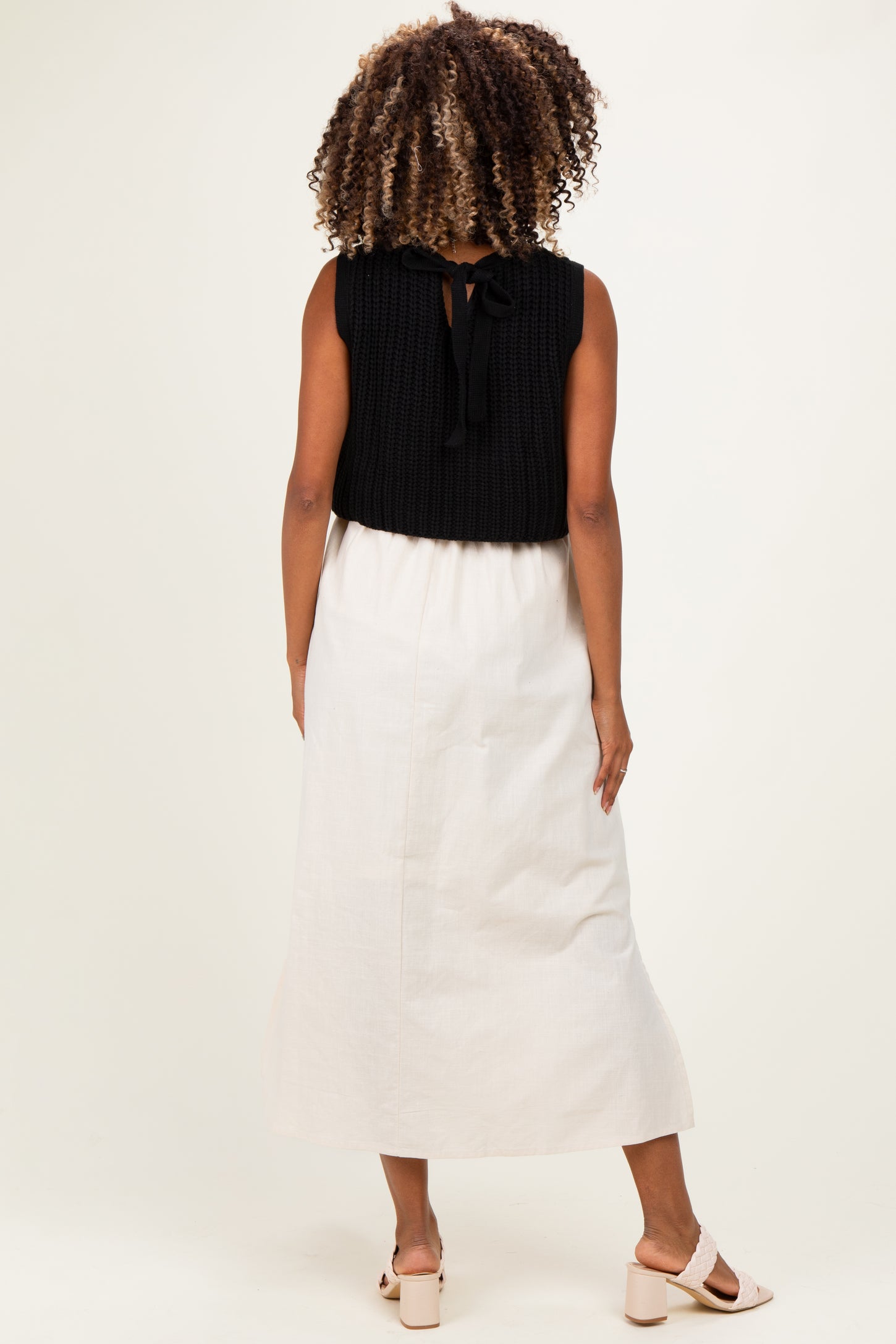 Black/ Cream Sleeveless Sweater Top Colorblock Maternity Midi Dress