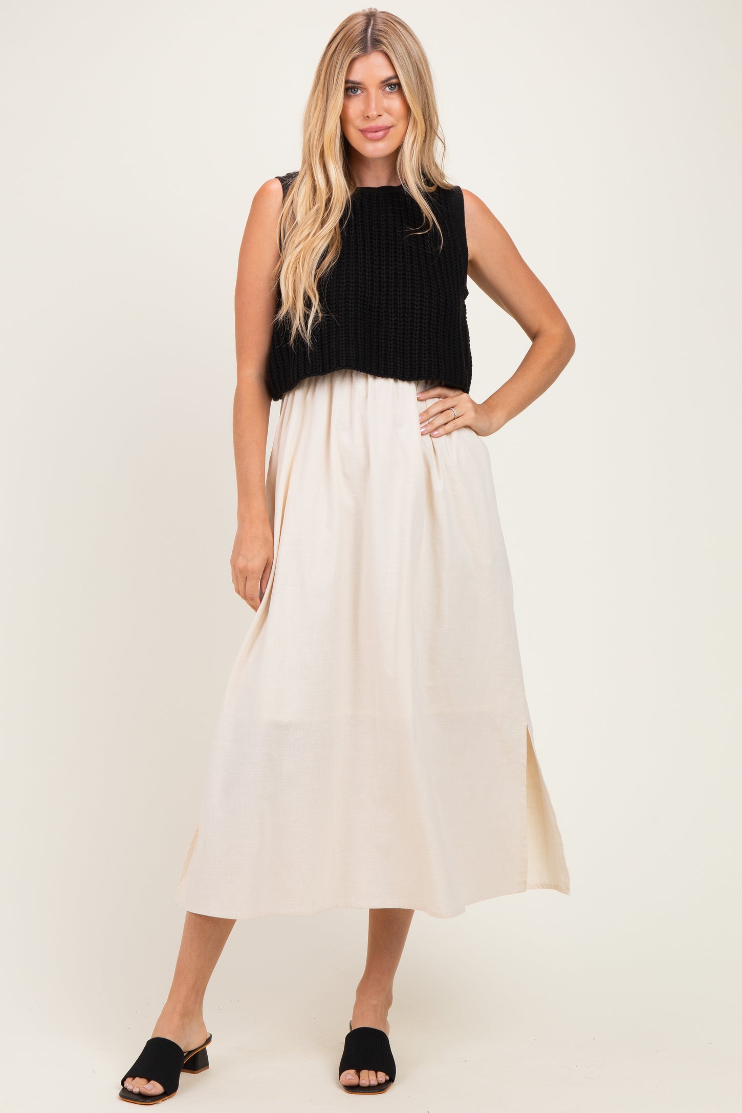 Black/ Cream Sleeveless Sweater Top Colorblock Maternity Midi Dress