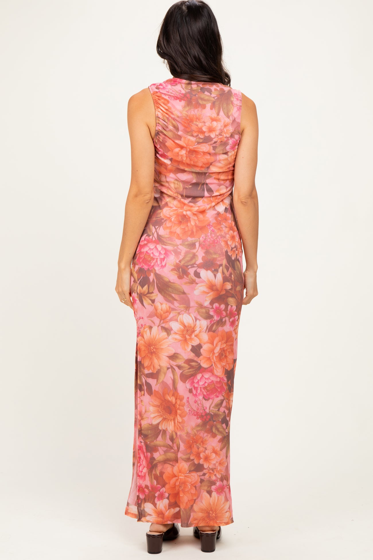 Pink Floral Mesh Ruched Maxi Dress