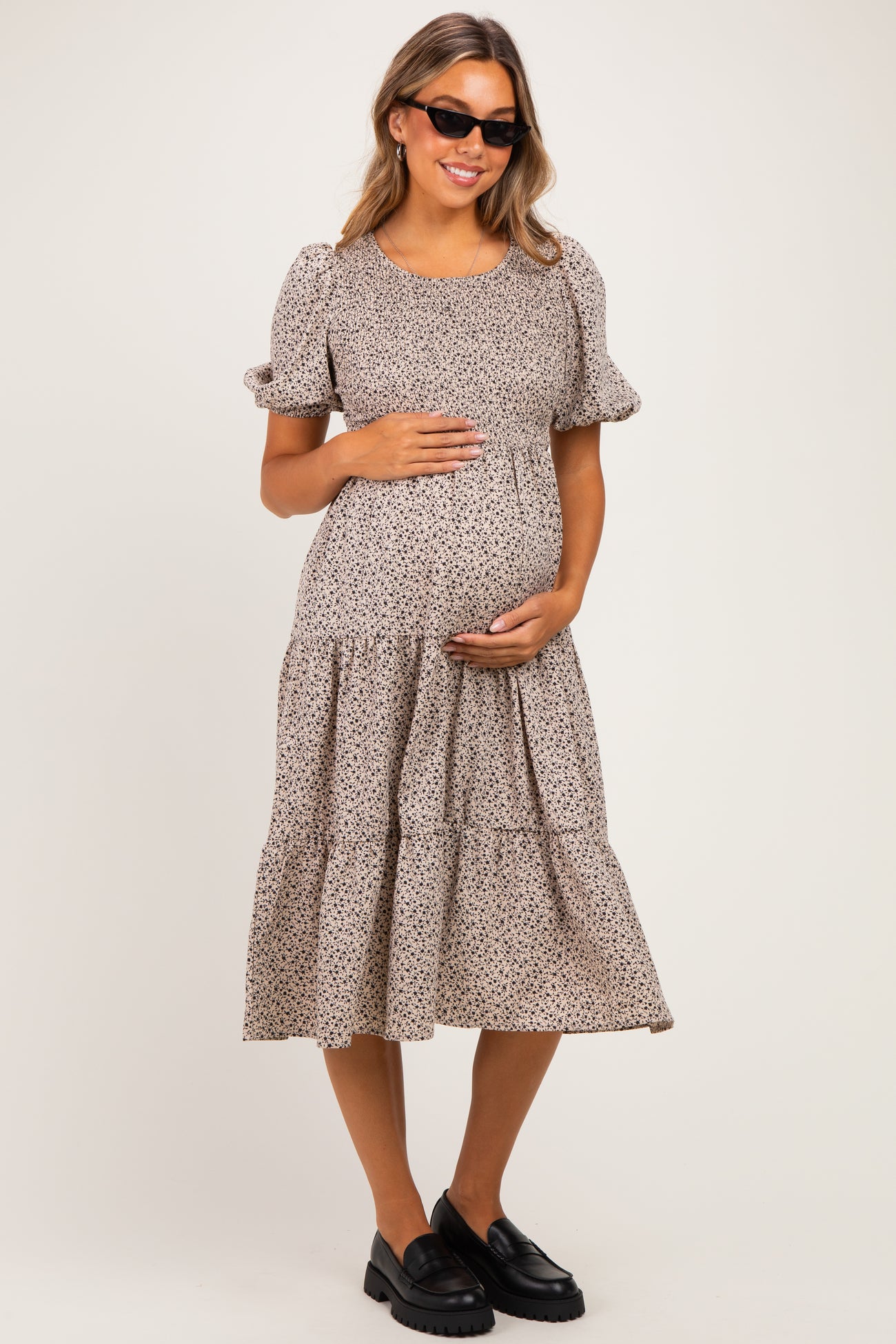 Light Taupe Floral Puff Sleeve Tiered Maternity Midi Dress