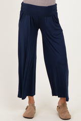 woman wearing navy maternity culotte pants with a stretchy waistband