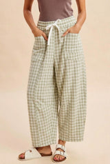 Light Sage Gingham Barrel Leg Maternity Pants
