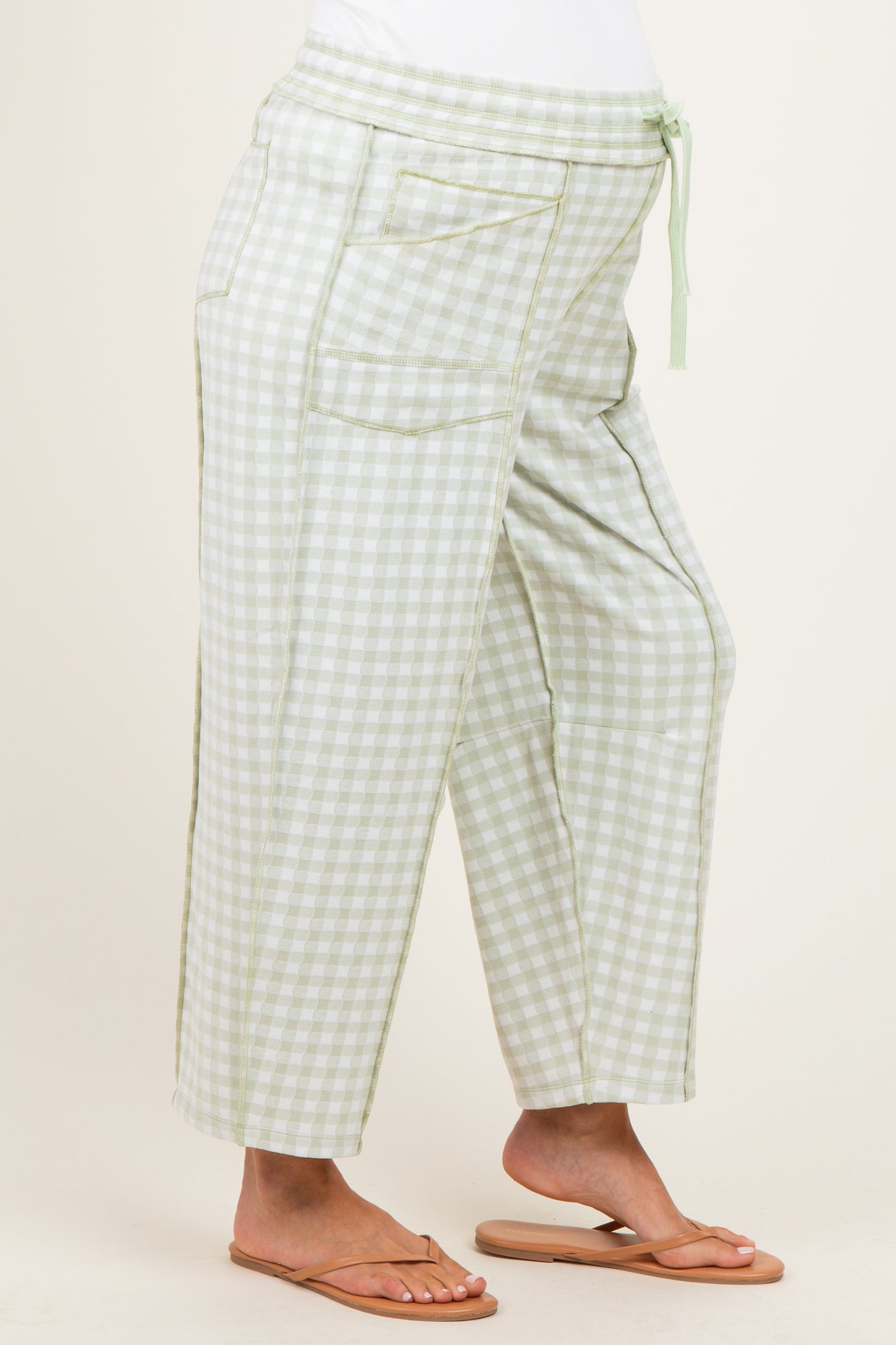 Light Sage Gingham Barrel Leg Maternity Pants