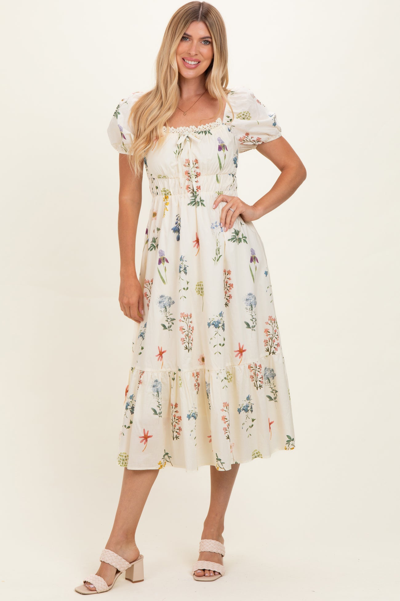 Oatmeal Floral Puff Sleeve Maternity Midi Dress