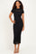 woman wearing a black lace midi dress with short sleeves and a fitted silhouette