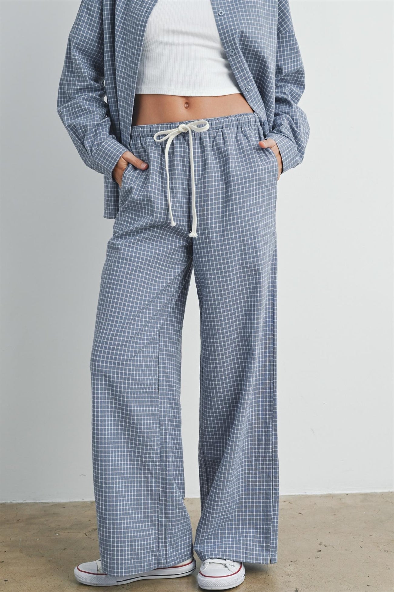 Blue Multi Drawstring Checkered Maternity Pants