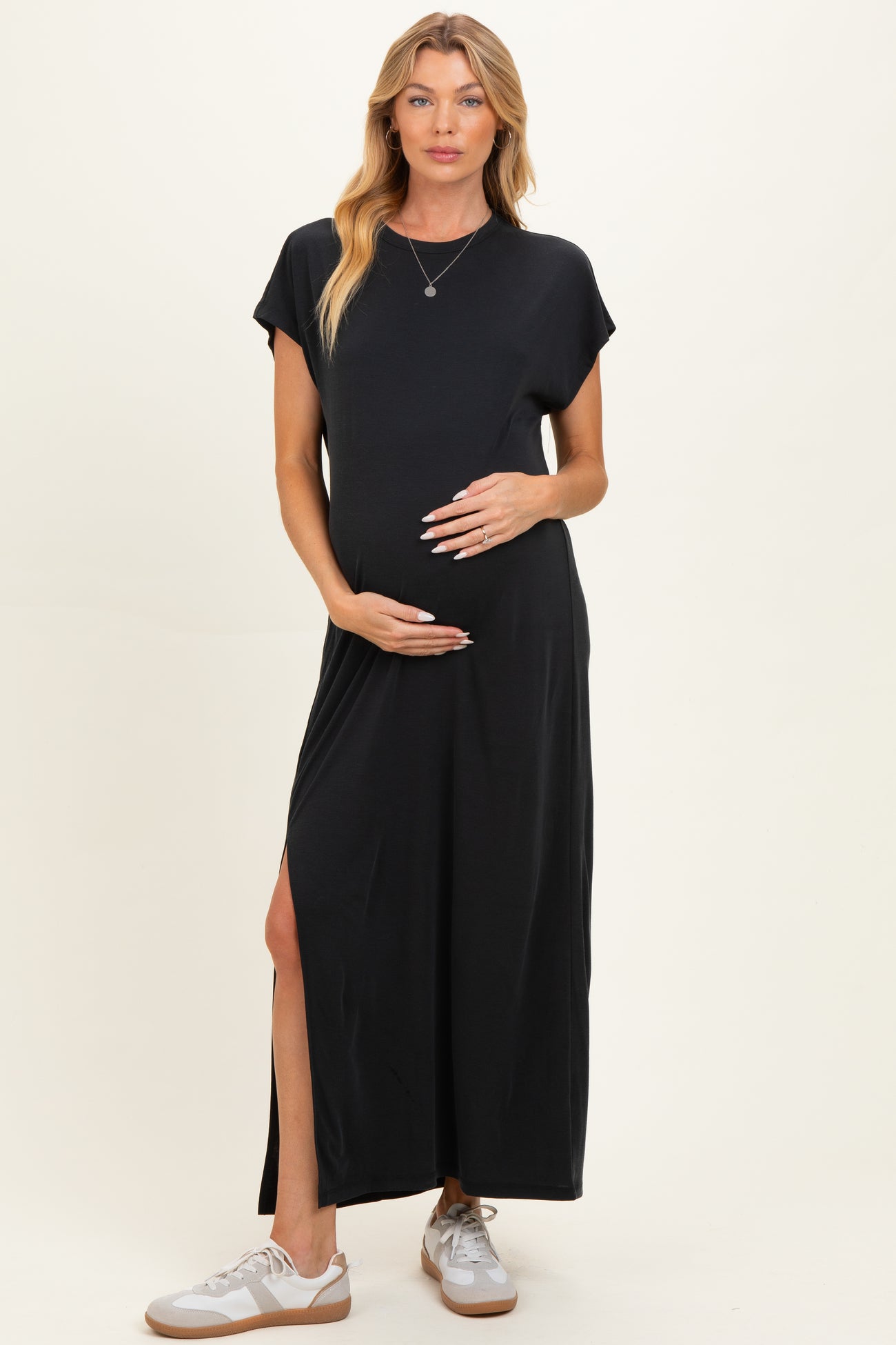 Vintage Black Boxy Side Slit Maternity Maxi Dress