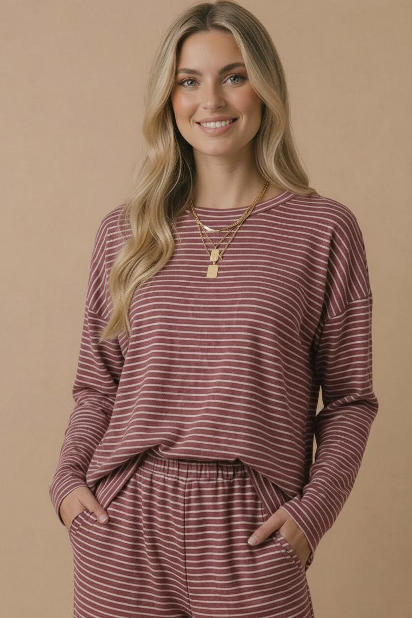 Burgundy Striped Oversized French Terry Top