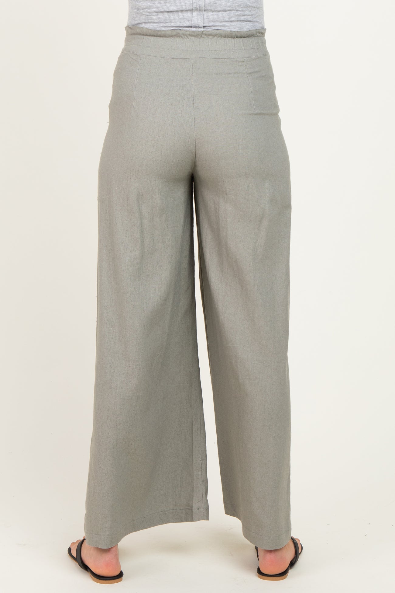 woman wearing gray wide-leg maternity pants, view from the back