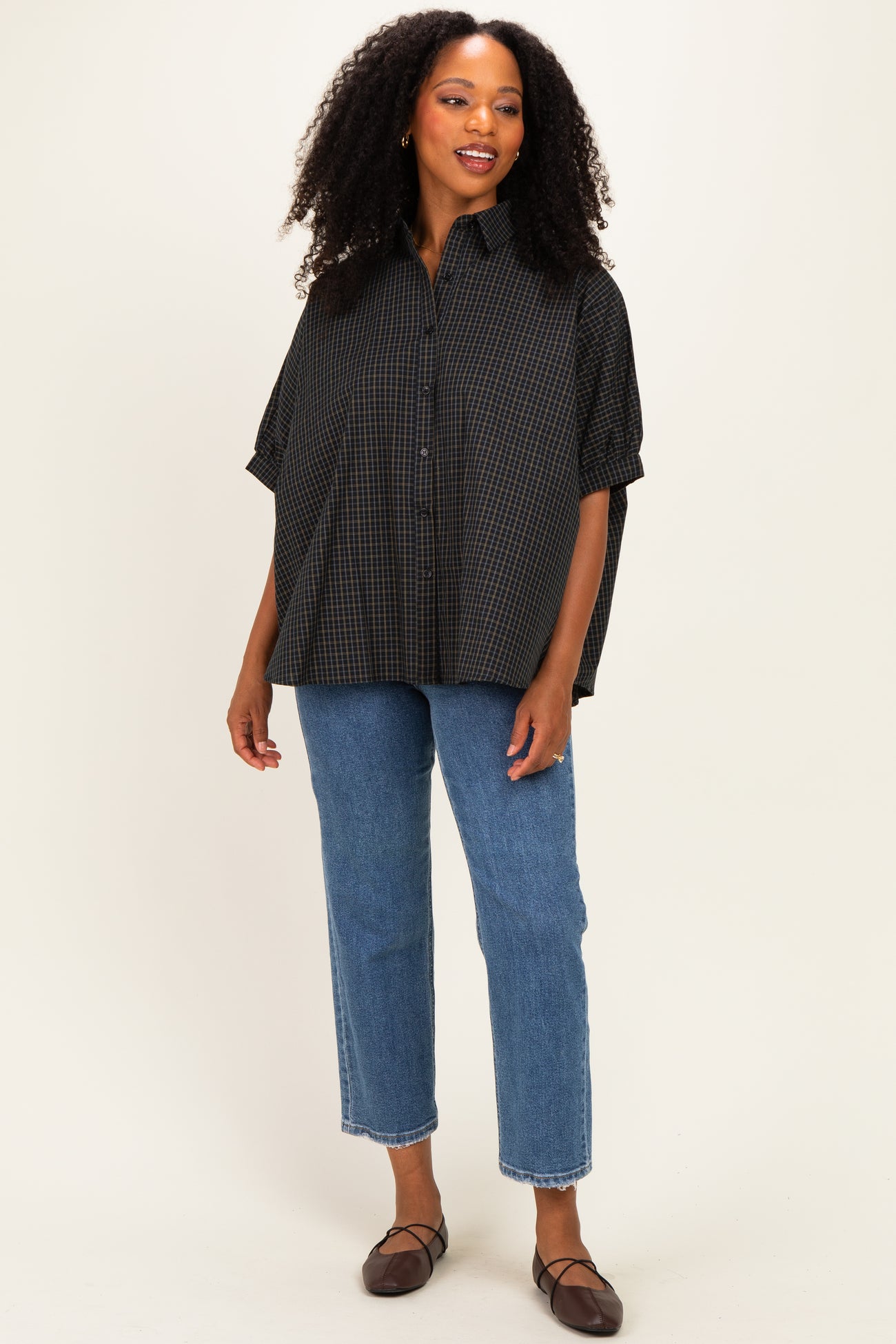 Midnight Oversized Check Plaid Button Down Shirt