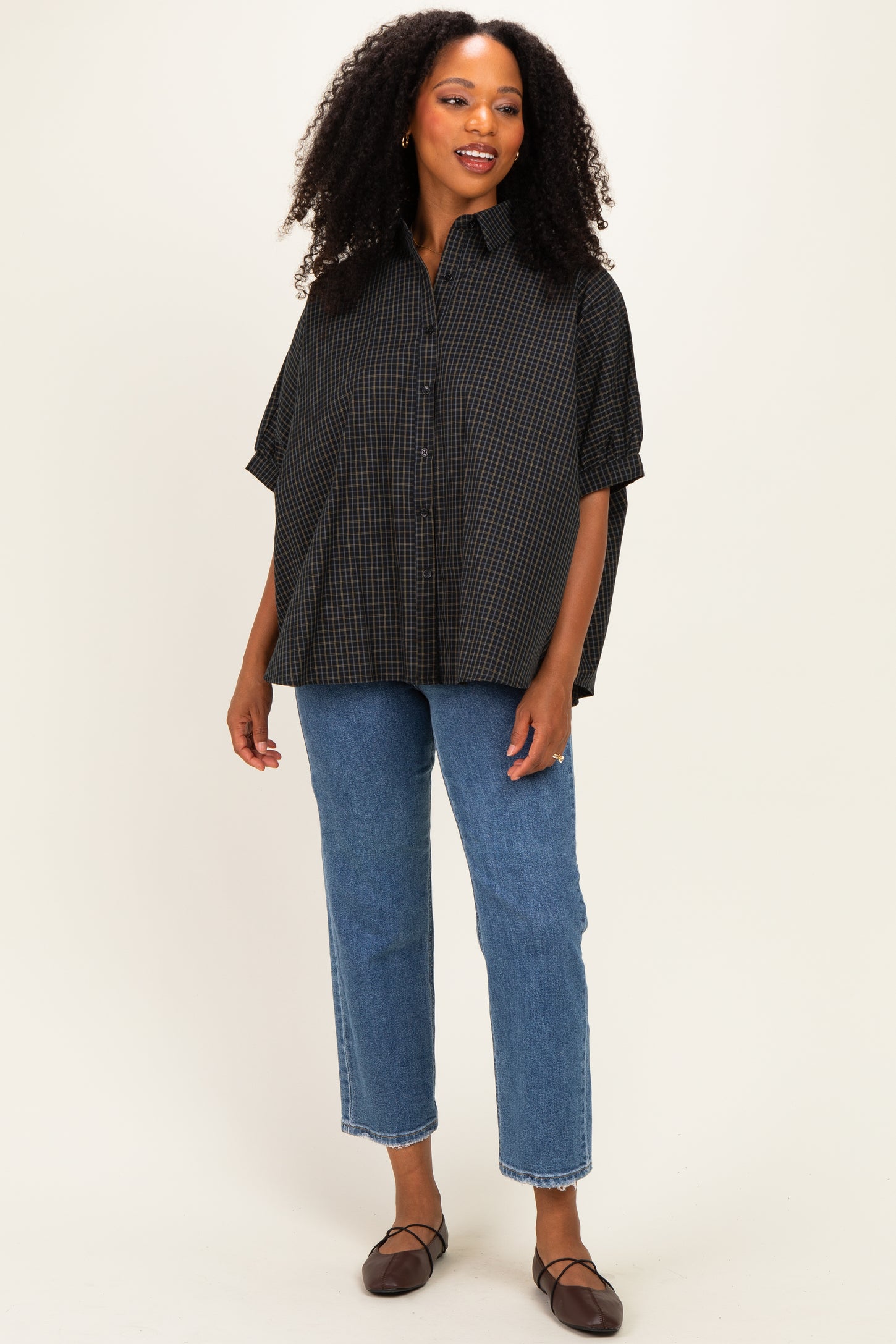 Midnight Oversized Check Plaid Button Down Shirt
