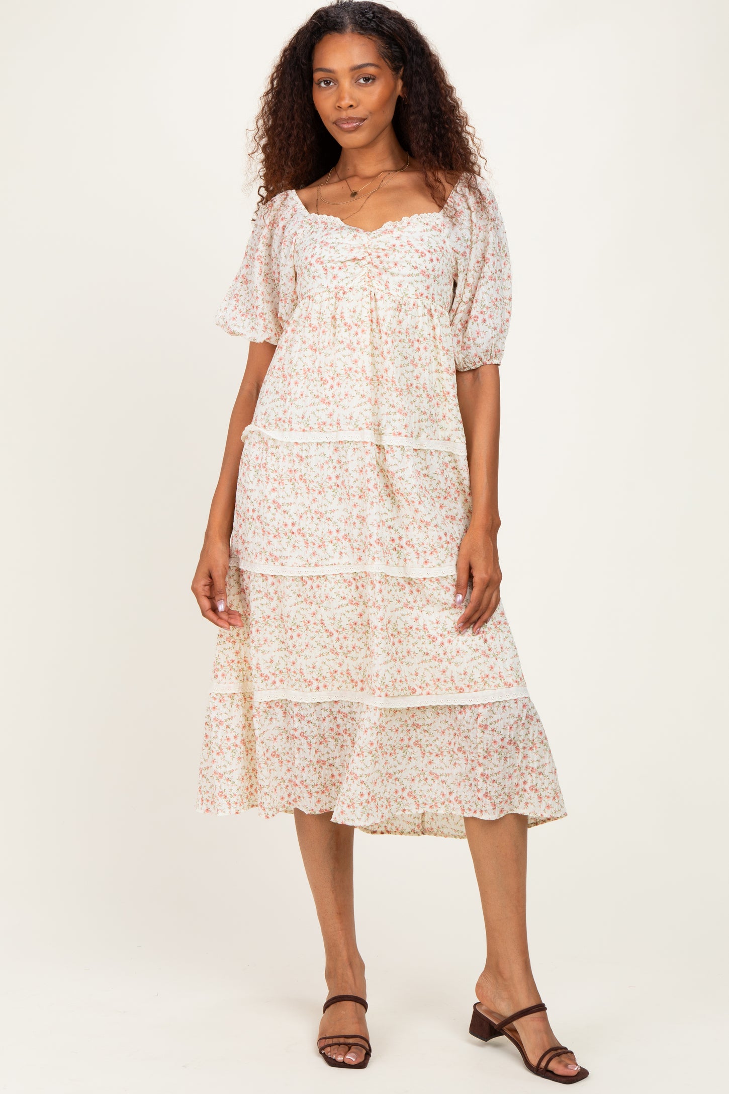 Butter Floral Lace Trim Tiered Maternity Midi Dress