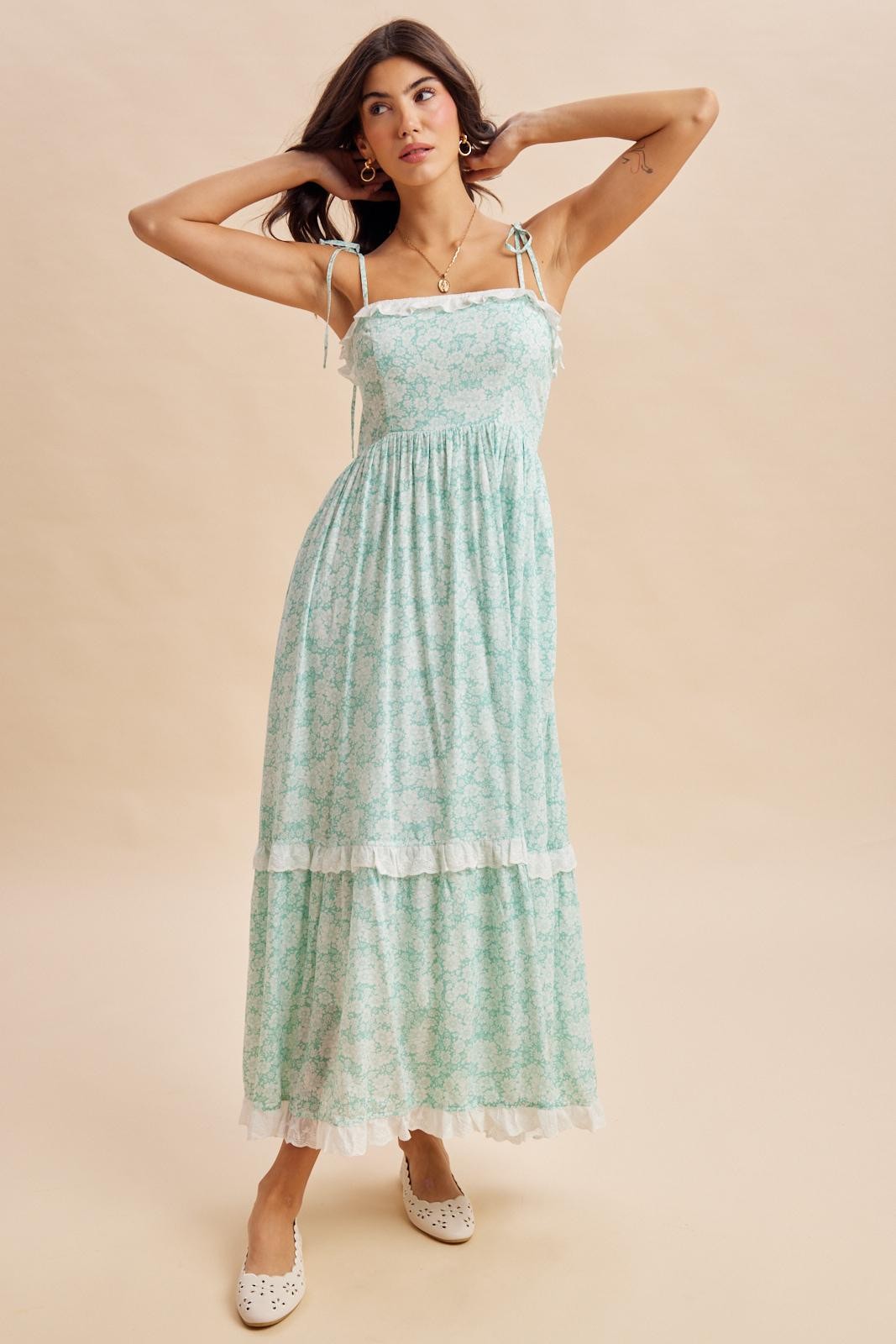 Jelly Mint Floral Shoulder Tie Ruffle Detail Maternity Maxi Dress