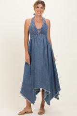 Light Denim Smocked Halter Handkerchief Maternity Dress