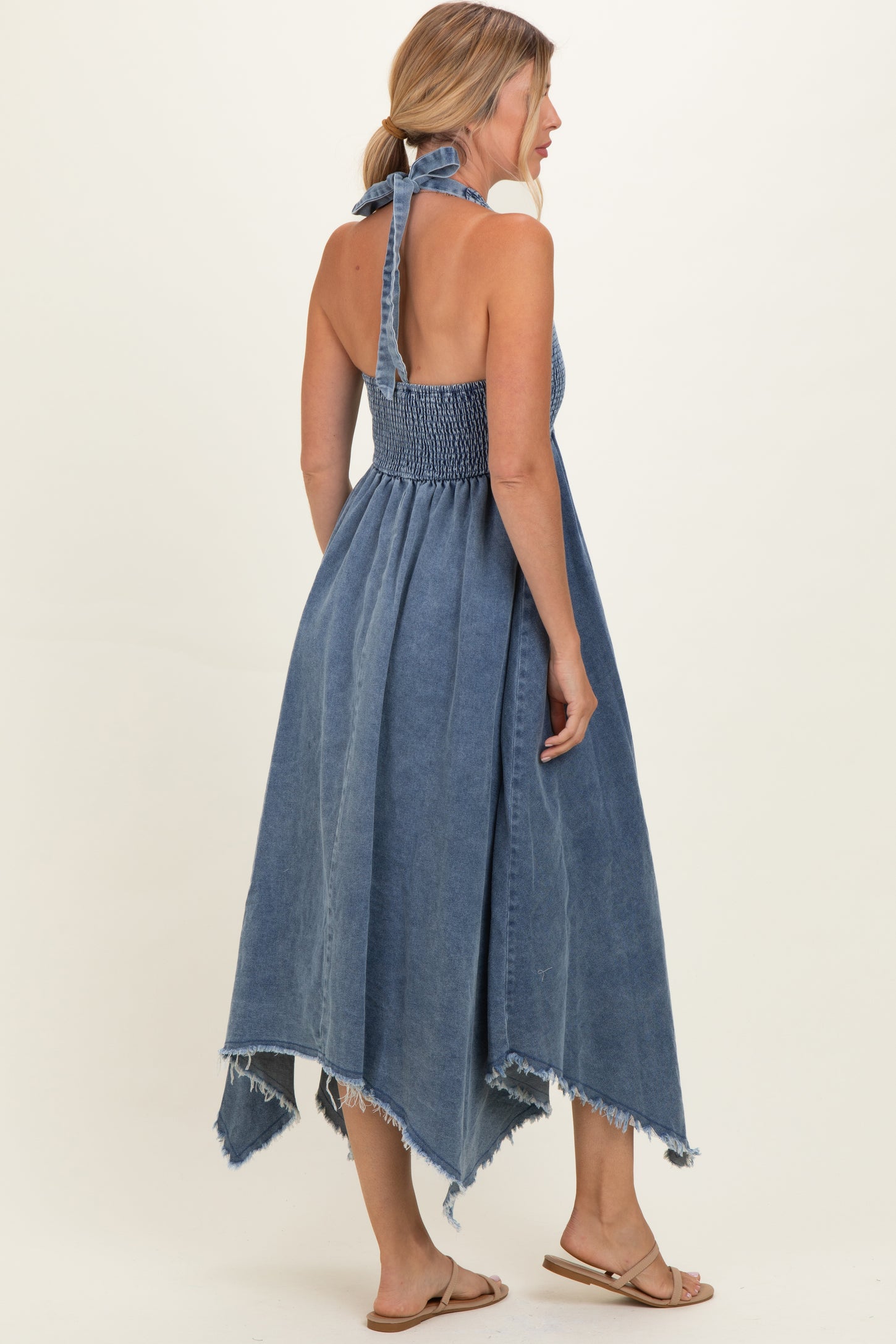 Light Denim Smocked Halter Handkerchief Dress