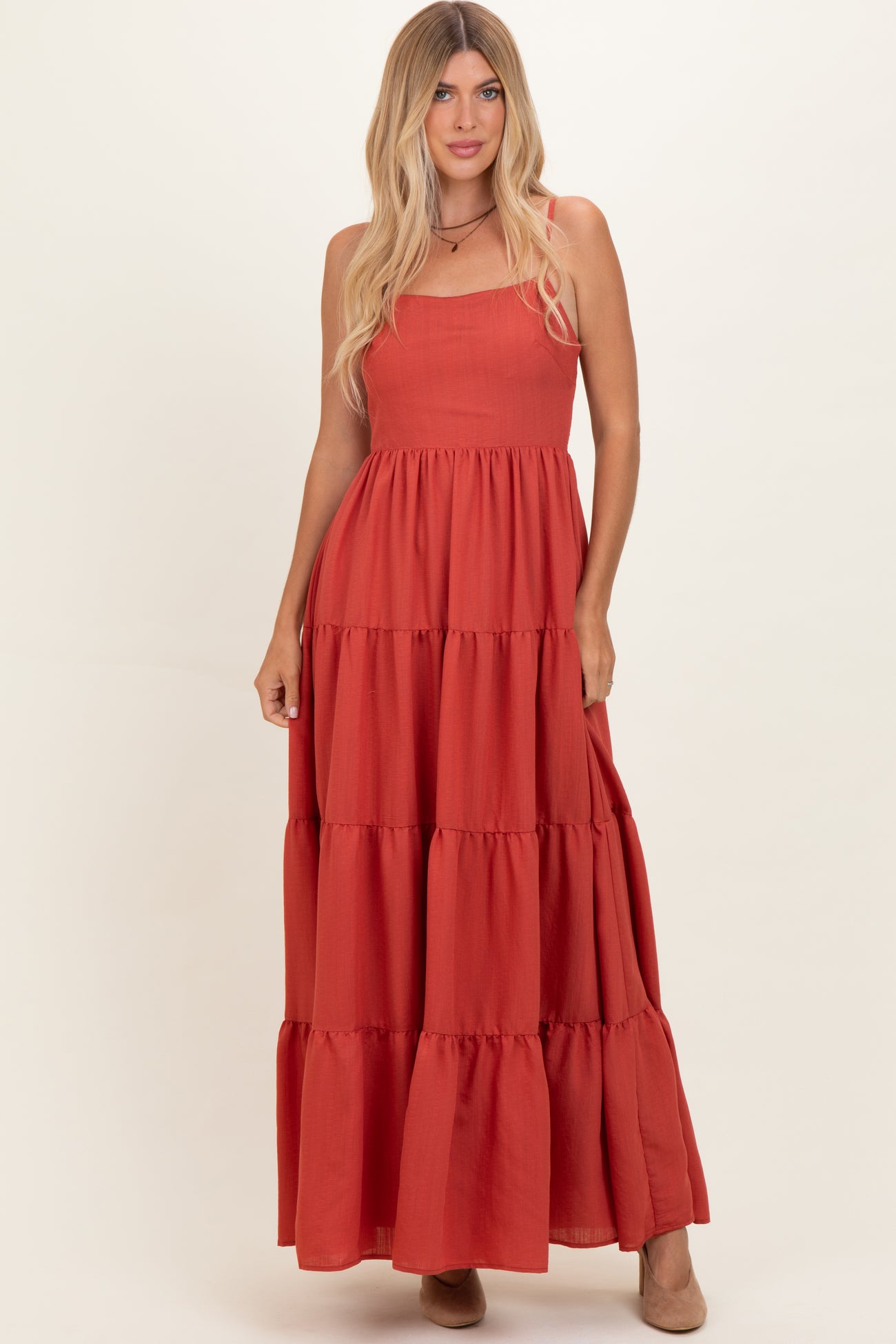 Bronze Sleeveless Tiered Maternity Maxi Dress