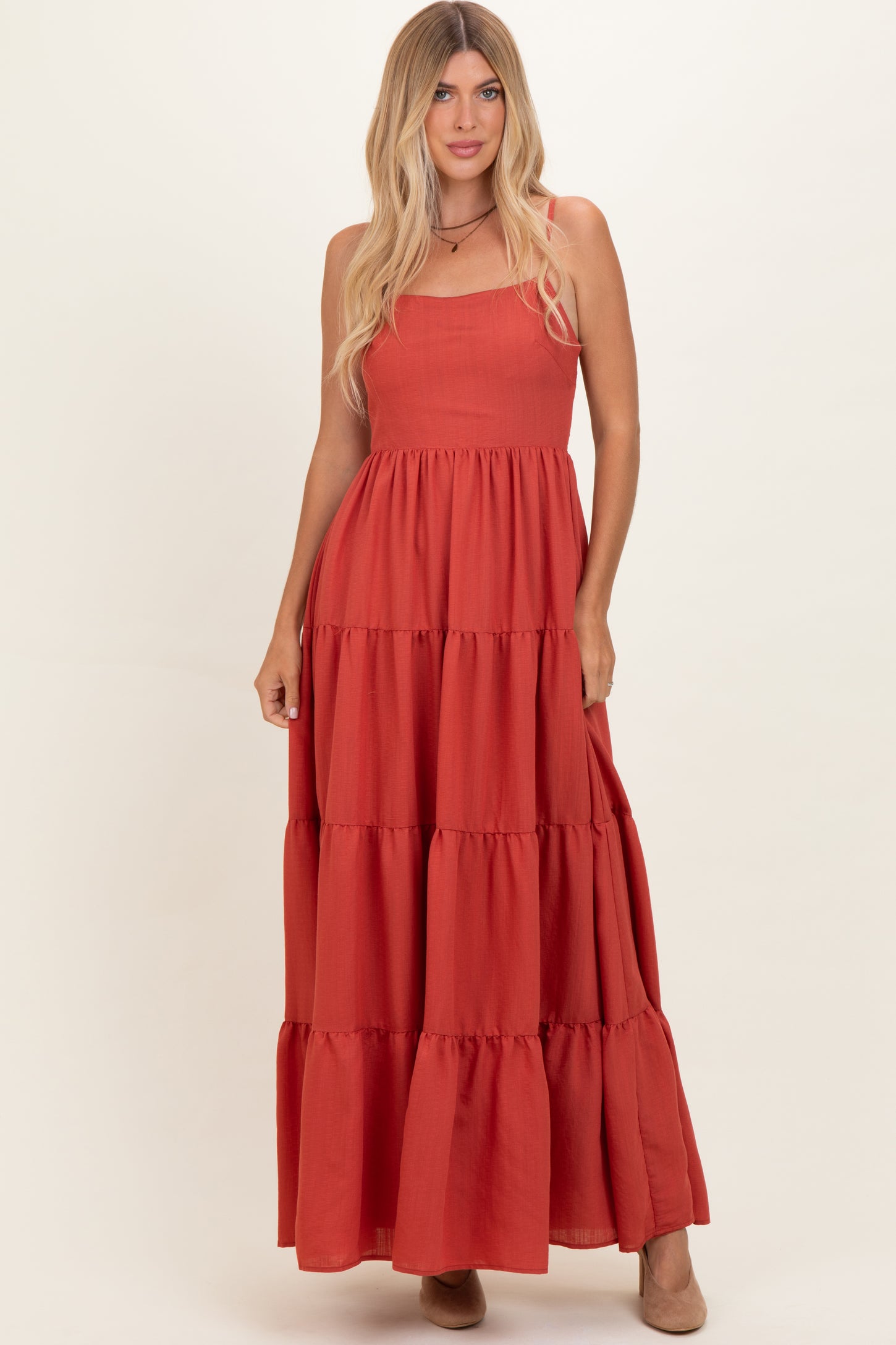 Bronze Sleeveless Tiered Maternity Maxi Dress